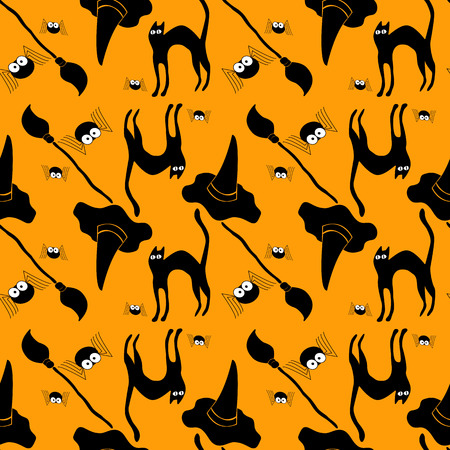 Halloween seamless background pattern with witch hat, cat and broom.のイラスト素材
