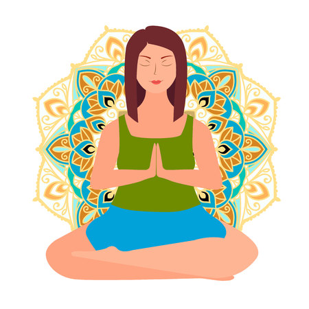 Plus size young women in lotos asana. Flat yoga illustration. Namaste. Body love lifestyle healthcare illustration.のイラスト素材