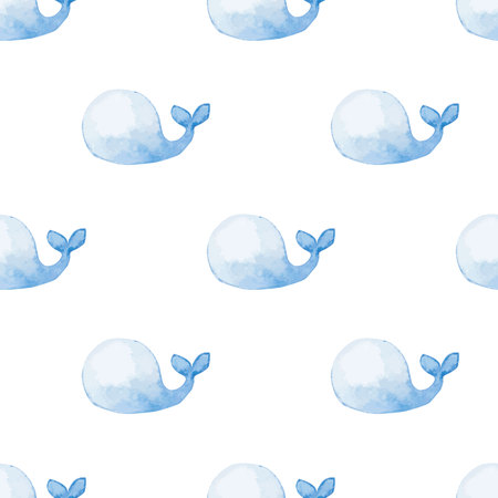 Seamless pattern with cute blue whales. Watercolor hand-applied illustrationのイラスト素材