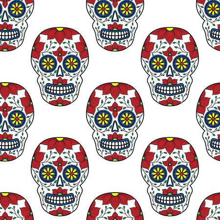 Day of The Dead colorful Skull with floral ornament. Seamless pattern. Mexican sugar skull. Vector illustrationのイラスト素材