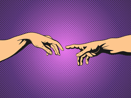 Adam and God hands. Pop Art vintage vector illustrationのイラスト素材