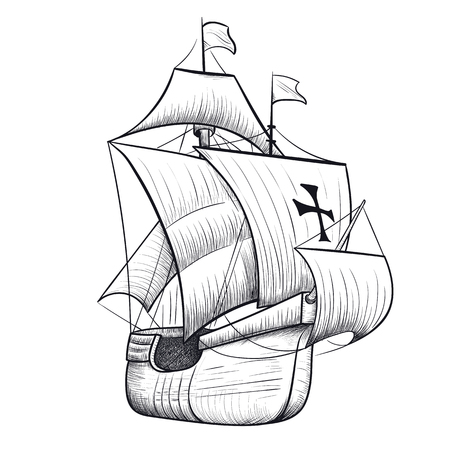 Columbus ship isolated on white background. Hand drawn vector illustrationのイラスト素材