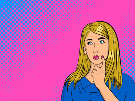 Thoughtful girl. Woman in comic style. Pop Art vintage vector illustrationのイラスト素材