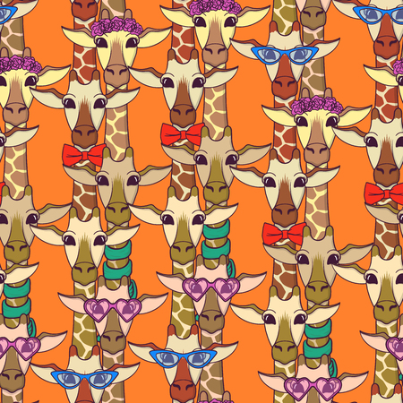 Cute Giraffe with trendy accessories - glasses, bow-tie, flowers, scarf. Seamless pattern. Print for fabric, t-shirt, poster. Vector illustrationのイラスト素材