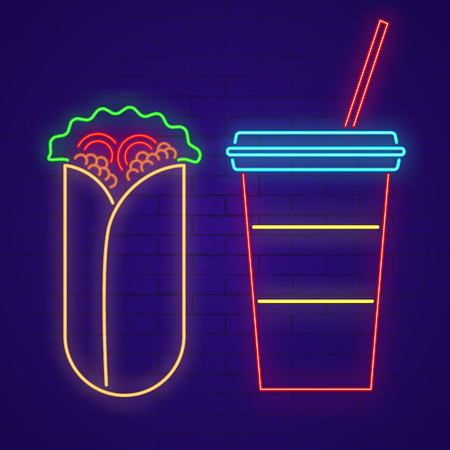 Shawarma and soda neon sign on brick wall background. Light banner. Vector illustrationのイラスト素材