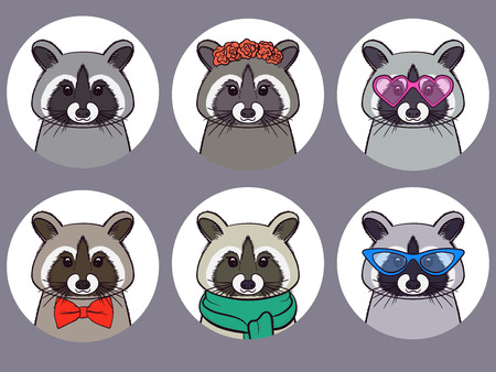 Cute Racoon with trendy accessories - glasses, bow-tie, flowers, scarf. Seamless pattern. Print for fabric, t-shirt, poster. Vector illustrationのイラスト素材