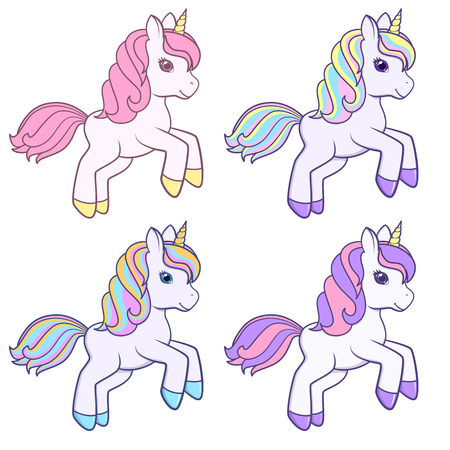 Running cute Cartoon Unicorns set. Vector illustrationのイラスト素材