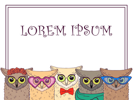 Cute Owls with trendy accessories - glasses, bow-tie, flowers, scarf. Print for card, poster. Vector illustrationのイラスト素材
