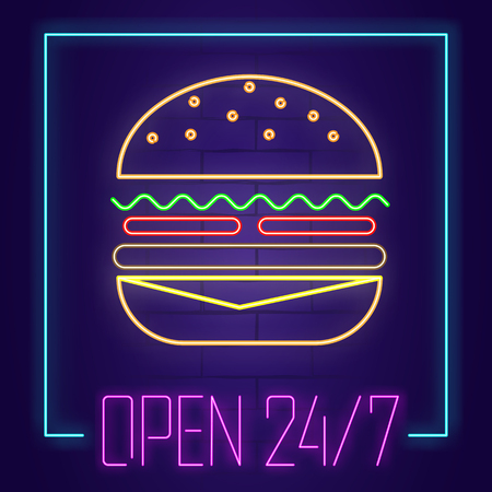 Burger neon sign with text OPEN 24/7 on brick wall background. Light banner. Vector illustrationのイラスト素材