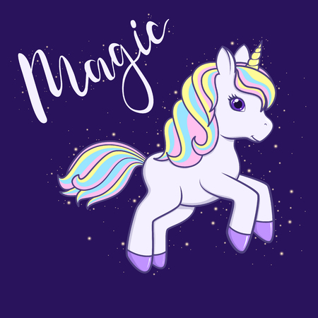 Running cute Cartoon Unicorn with text Magic. Vector illustrationのイラスト素材