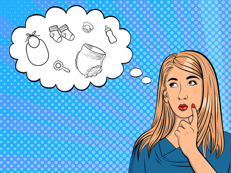 Baby girl thinks about it. Woman in comic style. Pop Art vintage vector illustrationのイラスト素材