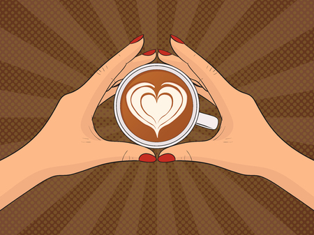 Hands holding cup of coffee. Pop Art vintage vector illustrationのイラスト素材