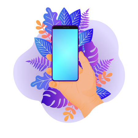 A hand is holding a smartphone on a floral background. Vector illustration in vibrant gradient colorsのイラスト素材
