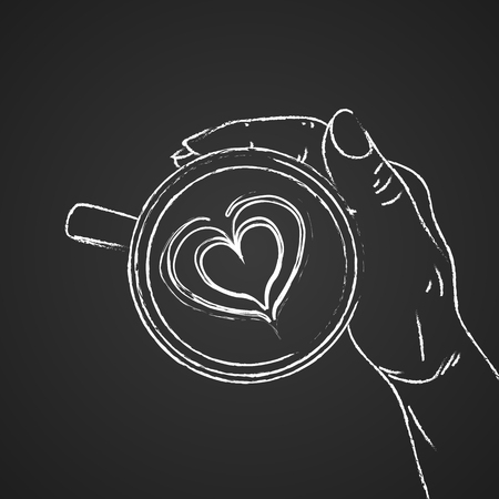 Hand holding cup of coffee. Sketch on the chalkboard background. Vector illustrationのイラスト素材