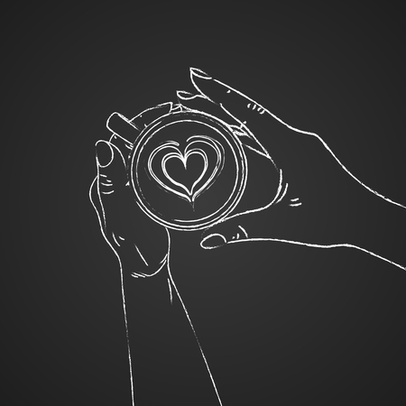 Hands holding cup of coffee. Sketch on the chalkboard background. Vector illustrationのイラスト素材