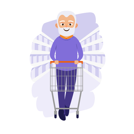 Happy old men with grocery store or supermarket. Cute grandfather. Elderly man. Cartoon character.のイラスト素材