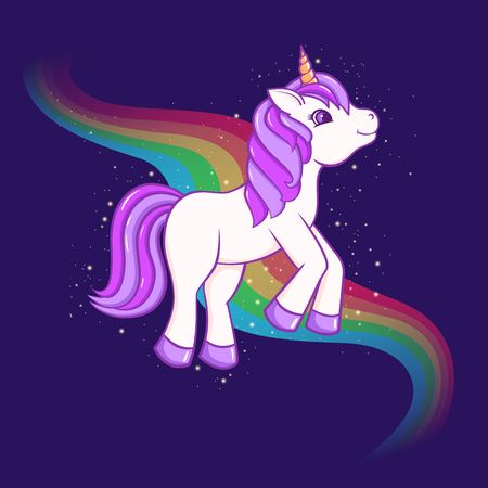 Cute Cartoon Unicorn with rainbow on background. Vector illustrationのイラスト素材