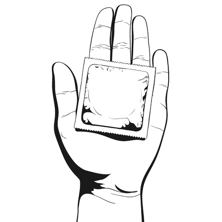 Hand holding condom. Vector illustrationのイラスト素材