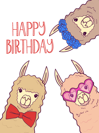 Cute llama, alpaca for poster, greeting, birthday card and party decor. Vector illustrationのイラスト素材