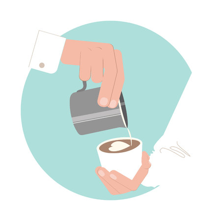 Barista making latte or cappuccino art coffee with milk. Flat style. Vector illustrationのイラスト素材