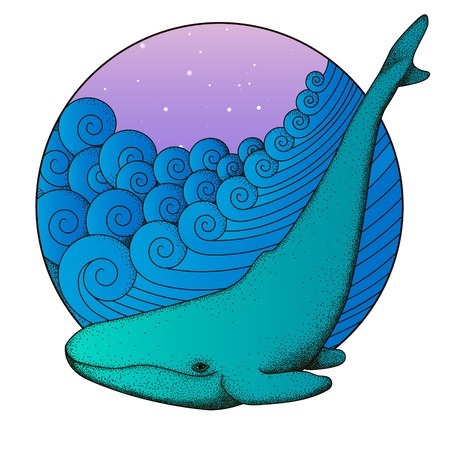 Whale on the Waves. Marine illustration. Hand drawn sea waves round frame. Vector Illustrationのイラスト素材