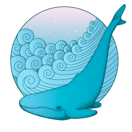 Whale on the Waves. Marine illustration. Hand drawn sea waves round frame. Vector Illustrationのイラスト素材