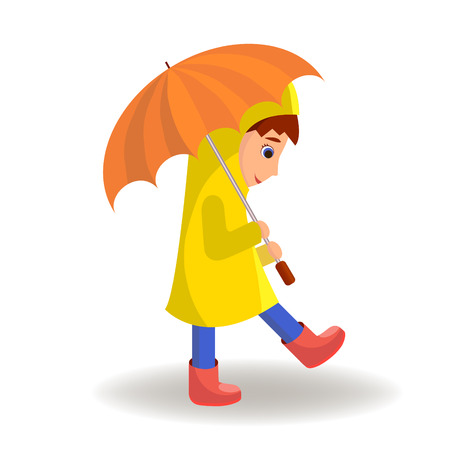 Cute Cartoon Kid with Umbrella walking. Vector Illustrationのイラスト素材