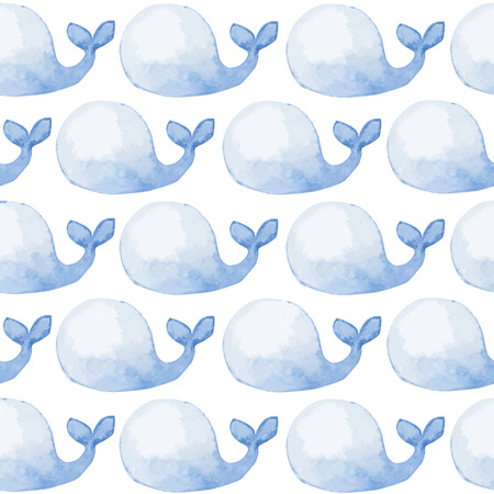 Seamless pattern with cute blue whales. Watercolor hand painted illustrationのイラスト素材