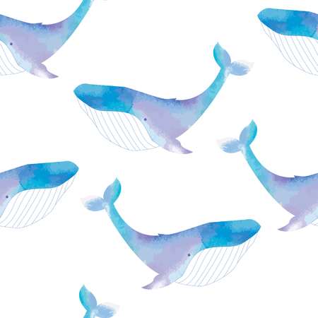 Seamless pattern with cute blue whales. Watercolor hand painted illustrationのイラスト素材