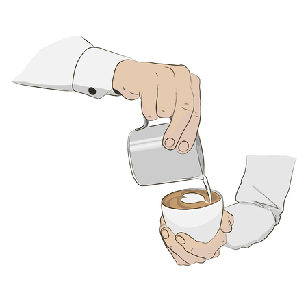 Barista hold cup and making latte or cappuccino art coffee with milk. Vector illustrationのイラスト素材