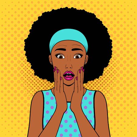 Surprised woman with afro hair.Comic woman. Wow face female. Pop Art vintage vector illustrationのイラスト素材
