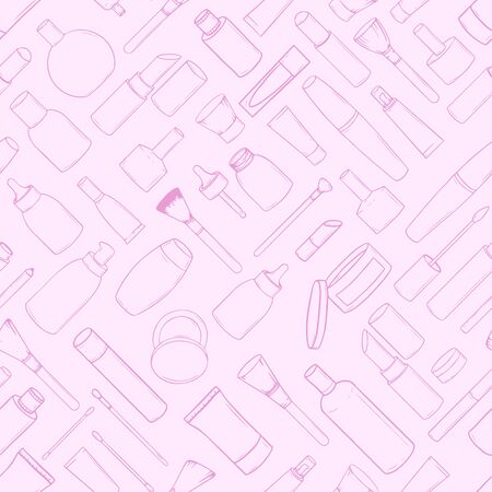 Seamless pattern with hand-drawn cosmetics isolated on a pink background. Collection of jars, brushes, tubes and bottles in doodle style. Vector illustrationのイラスト素材