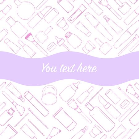 Background with different types of hand-drawn cosmetics. Vector illustrationのイラスト素材
