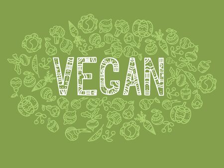 Hand drawn ornate word Vegan with frame of vegetables. Vector illustrationのイラスト素材