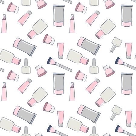 Seamless pattern with hand-drawn cosmetics. Collection of jars, brushes, tubes and bottles in doodle style. Vector illustrationのイラスト素材