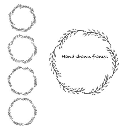 Collection of round leaf hand-drawn frames Vector illustrationのイラスト素材