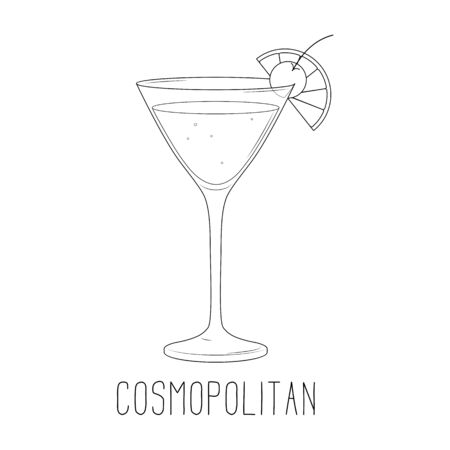 Alcoholic cocktail - cosmopolitan with lime and cherry isolated on white background. Vector illustrationのイラスト素材