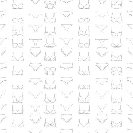Seamless pattern with various types of women's panties  and bras. Underwear. Vector illustrationのイラスト素材