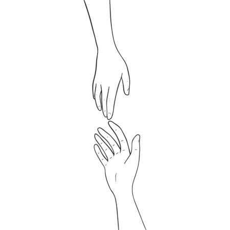 Two hands are drawn to each other. Outline hands isolated on white background. Vector illustrationのイラスト素材