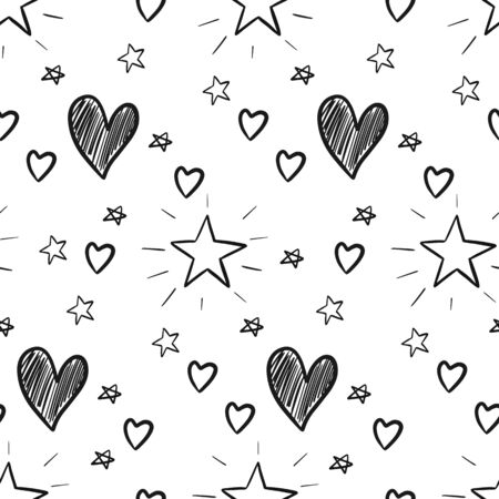 Seamless pattern with hand drawn stars and hearts isolated on white background. Vector illustrationのイラスト素材