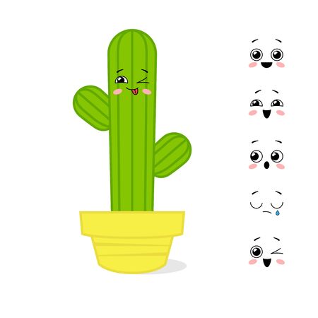 Cartoon character cactus with different variants of emotions. Personage constructor. Vector illustrationのイラスト素材