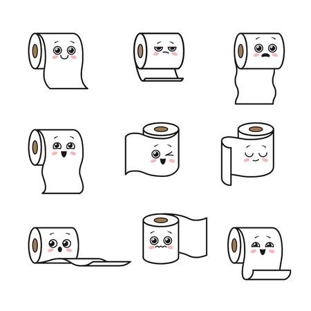 Set of cute   cartoon  toilet paper rolls with faces. Emoji collection. Vector illustrationのイラスト素材
