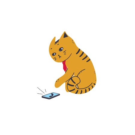 The cat in a tie answers the call to the smartphone. Vector illustration in simple cartoon styleのイラスト素材