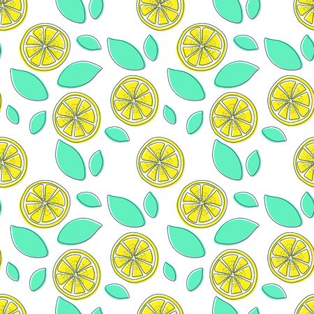 Seamless pattern with slices of lemon. Hand-drawn juicy fruit and leaves. Vector illustrationのイラスト素材