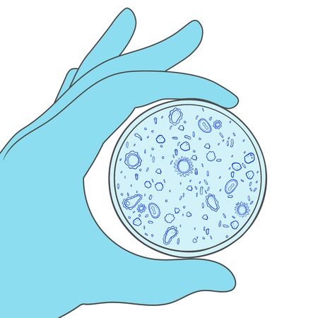Hand holds a petri dish with abstract microorganisms. Vector illustration isolated on white background.のイラスト素材