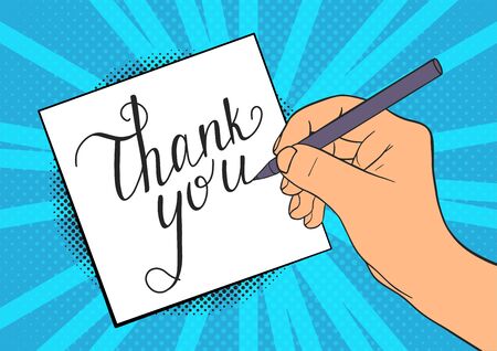 Hand writes a note with the text Thank you. Pop Art vintage vector illustrationのイラスト素材