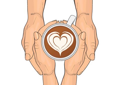 Two pairs of hands and dlate art. Coffee love concept. Lovers. Vector illustration isolated on white background.のイラスト素材