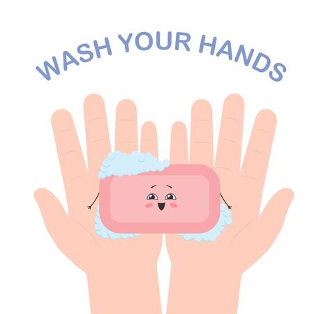 The child holds a cute soap in his hands. Wash your hands. Vector illustrationのイラスト素材
