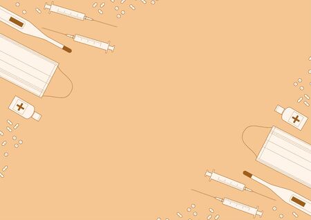 Medical background: thermometer, medical mask, syringe, pills. Vector illustrationのイラスト素材