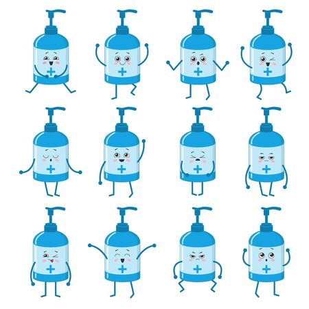 Set of cute kawaii cartoon sanitizers with faces. Emoji collection. Vector illustrationのイラスト素材